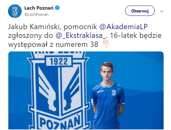 Lech Poznań zgłasza do Ekstraklasy kolejnego 16-latka!